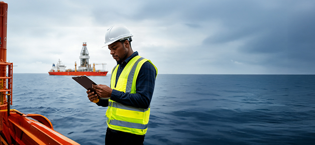 A rig worker looking over a tablet with an oil tanker in the background oil tanker leaving an offshore rig