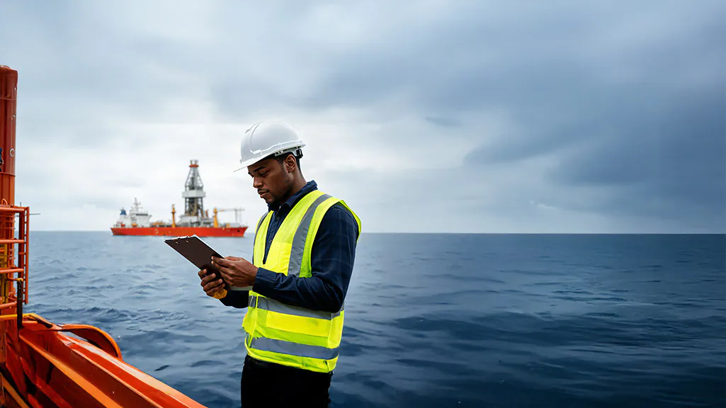 A banner image of the Vortex logo next to a rig worker looking over a tablet with an oil tanker in the background oil tanker leaving an offshore rig