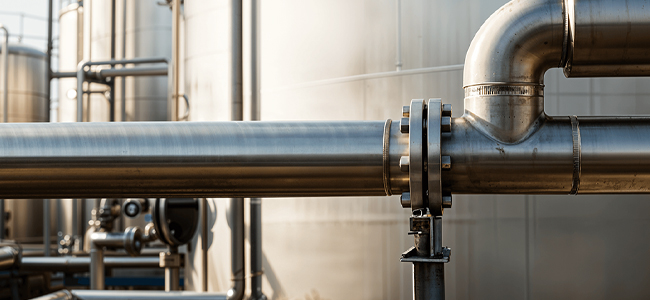 A close up of silver pipes carrying drilling fluids