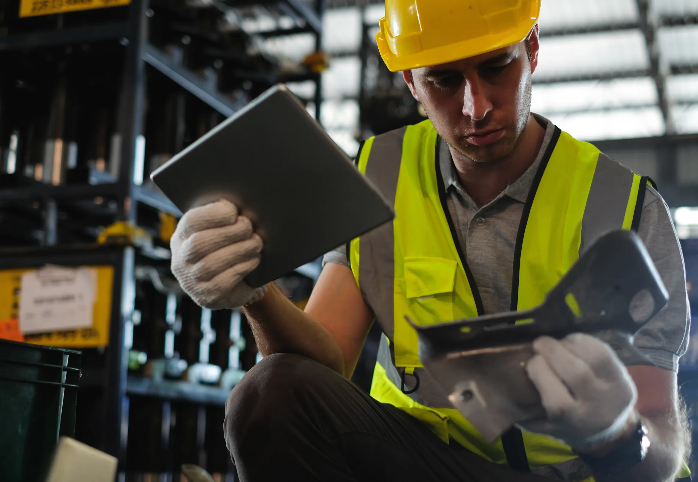 A rig operator kneeling down checking over readings on his tablet